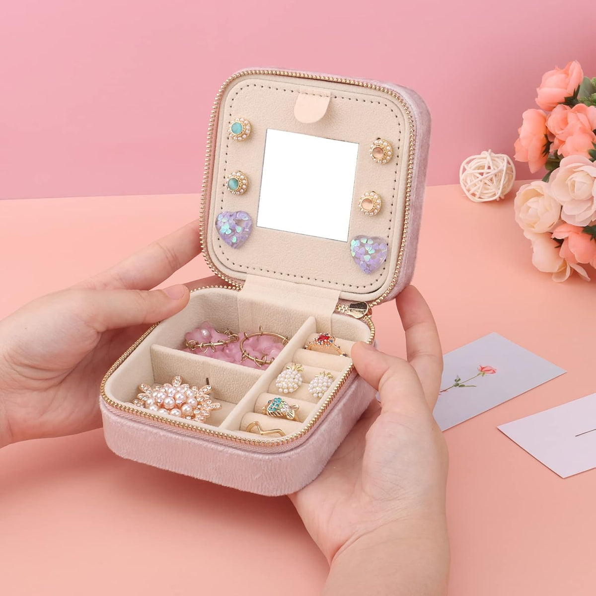 Travel Jewelry Box - Velvet Mini Jewelry Organizer, Small Jewelry Case for Girls Women, Jewelry Storage Box for Rings Earrings Necklace (Circular, Lotus Pink)