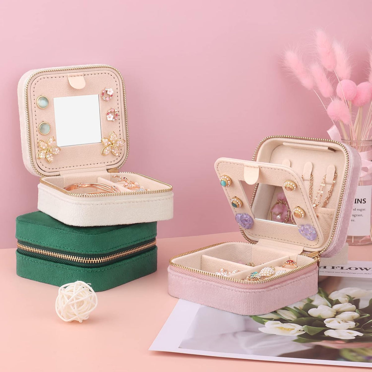 Travel Jewelry Box - Velvet Mini Jewelry Organizer, Small Jewelry Case for Girls Women, Jewelry Storage Box for Rings Earrings Necklace (Circular, Lotus Pink)