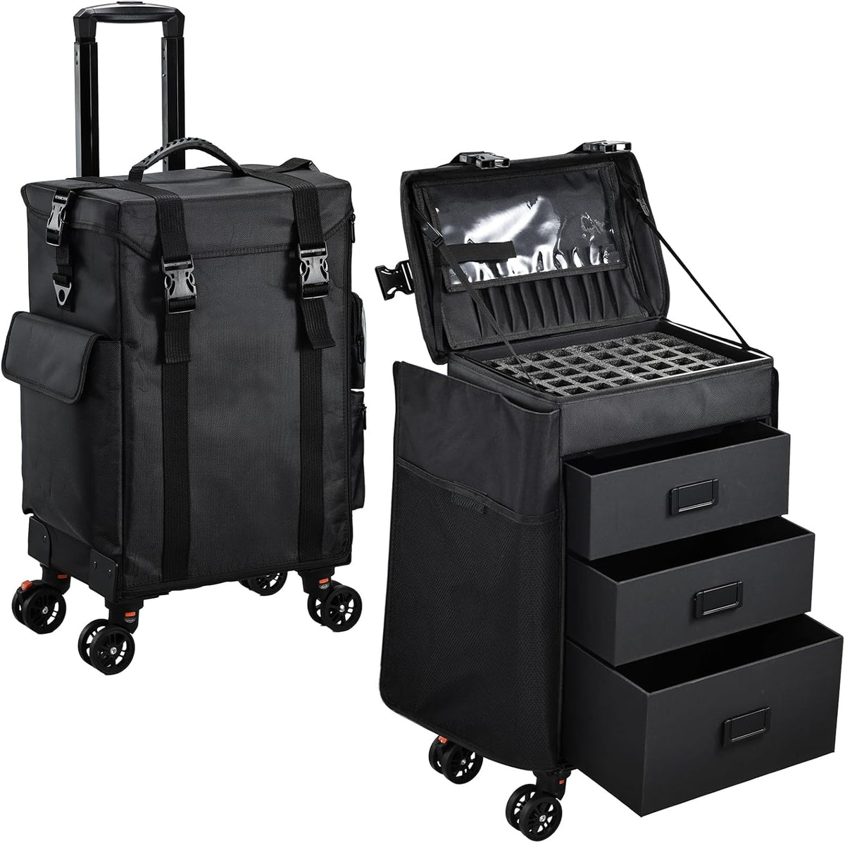 Rolling Makeup Case 4 in 1 Soft Sided Professional Cosmetology Case on Wheels Freelance Makeup Artist Nylon Cosmetic Organize Storage Nail Technician Hair Stylist 3 Drawers Black