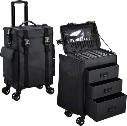 Rolling Makeup Case 4 in 1 Soft Sided Professional Cosmetology Case on Wheels Freelance Makeup Artist Nylon Cosmetic Organize Storage Nail Technician Hair Stylist 3 Drawers Black