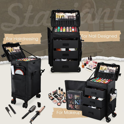 Rolling Makeup Case 4 in 1 Soft Sided Professional Cosmetology Case on Wheels Freelance Makeup Artist Nylon Cosmetic Organize Storage Nail Technician Hair Stylist 3 Drawers Black