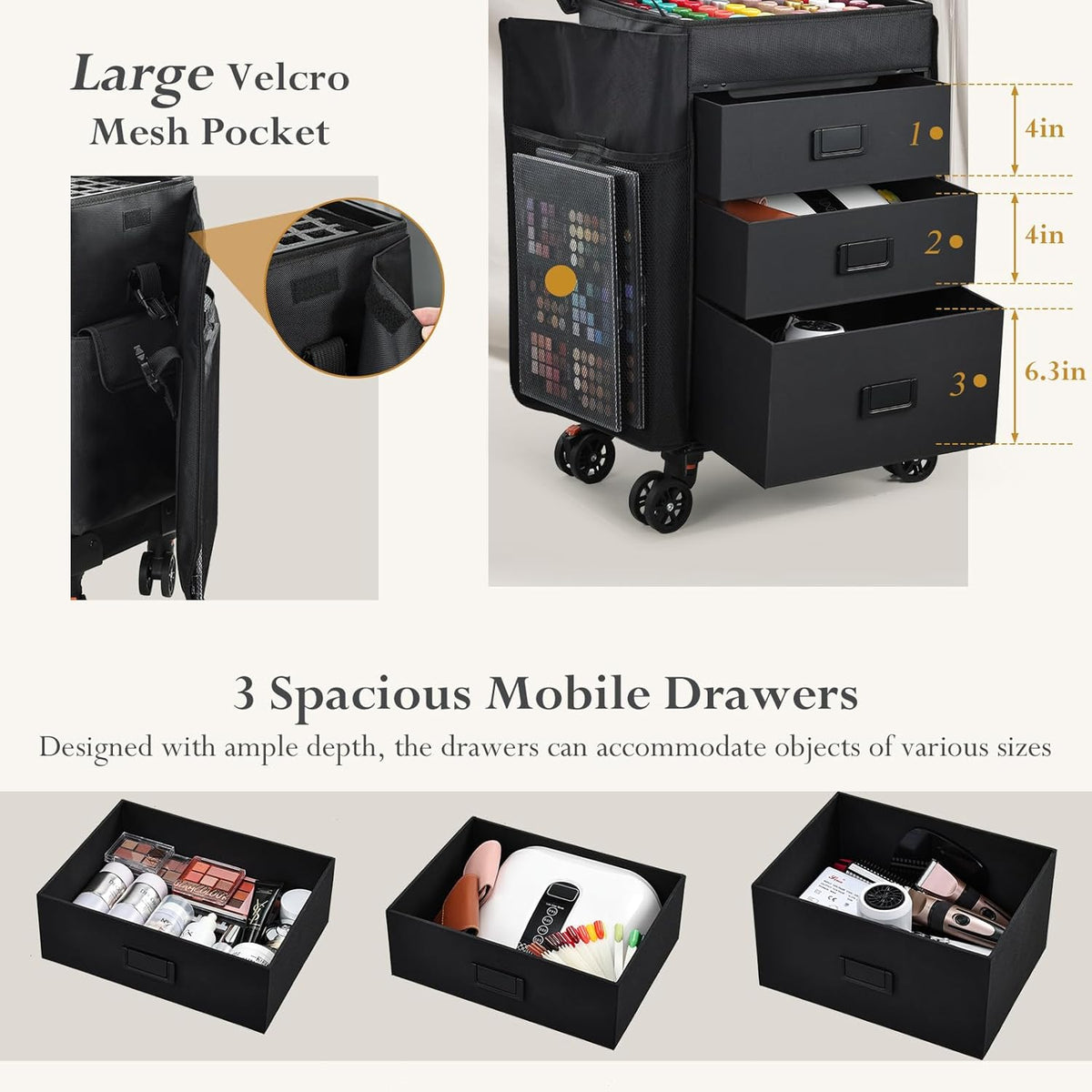 Rolling Makeup Case 4 in 1 Soft Sided Professional Cosmetology Case on Wheels Freelance Makeup Artist Nylon Cosmetic Organize Storage Nail Technician Hair Stylist 3 Drawers Black