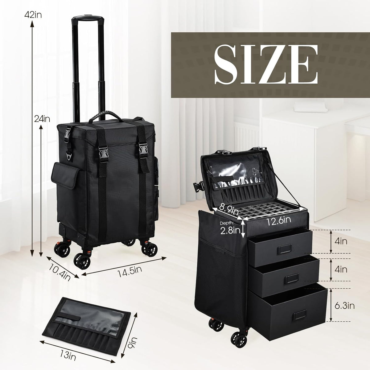 Rolling Makeup Case 4 in 1 Soft Sided Professional Cosmetology Case on Wheels Freelance Makeup Artist Nylon Cosmetic Organize Storage Nail Technician Hair Stylist 3 Drawers Black