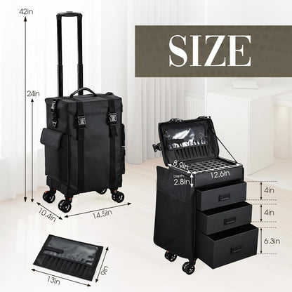 Rolling Makeup Case 4 in 1 Soft Sided Professional Cosmetology Case on Wheels Freelance Makeup Artist Nylon Cosmetic Organize Storage Nail Technician Hair Stylist 3 Drawers Black