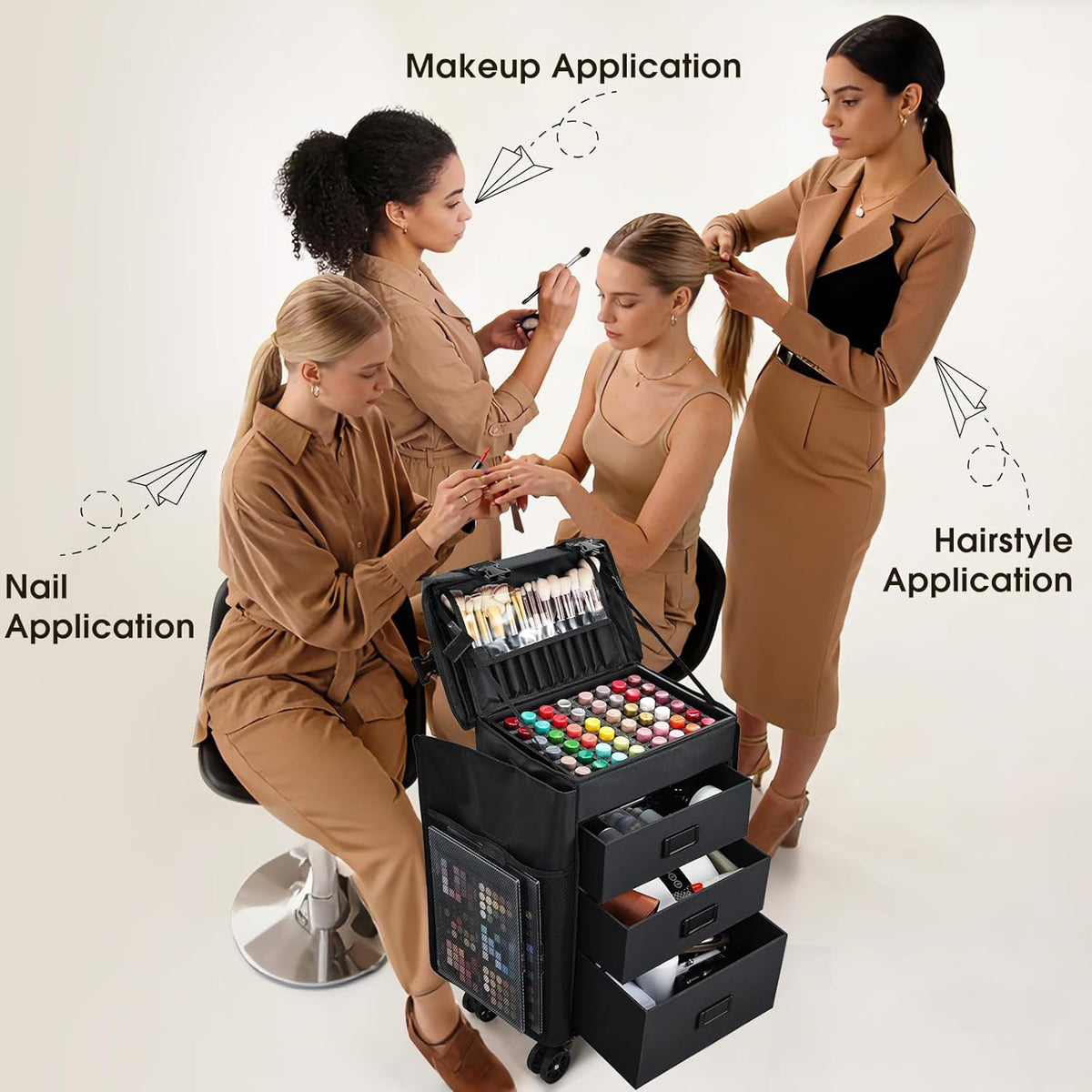 Rolling Makeup Case 4 in 1 Soft Sided Professional Cosmetology Case on Wheels Freelance Makeup Artist Nylon Cosmetic Organize Storage Nail Technician Hair Stylist 3 Drawers Black