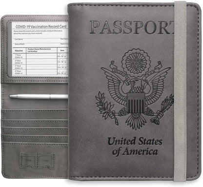 Passport Holder Wallet, RFID Blocking Passport Cover Case PU leather Card Holder with Pen and Clear Card Slot for Women Men, Red