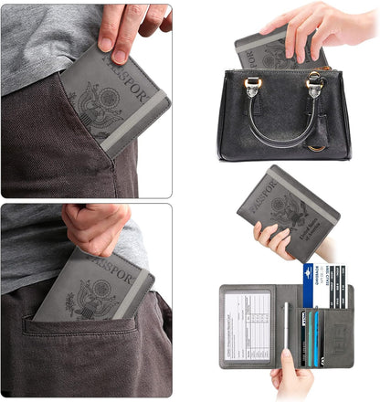 Passport Holder Wallet, RFID Blocking Passport Cover Case PU leather Card Holder with Pen and Clear Card Slot for Women Men, Red