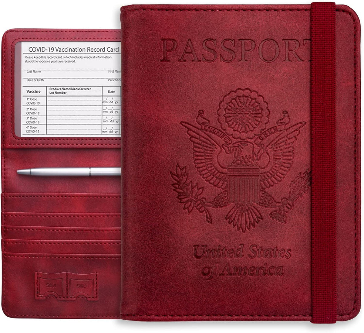 Passport Holder Wallet, RFID Blocking Passport Cover Case PU leather Card Holder with Pen and Clear Card Slot for Women Men, Red