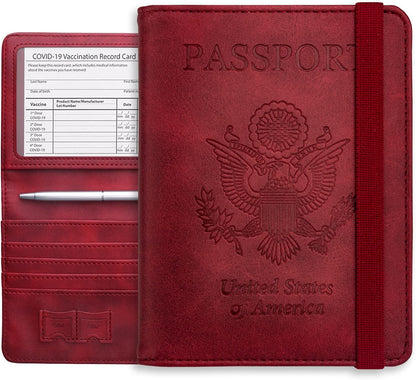 Passport Holder Wallet, RFID Blocking Passport Cover Case PU leather Card Holder with Pen and Clear Card Slot for Women Men, Red