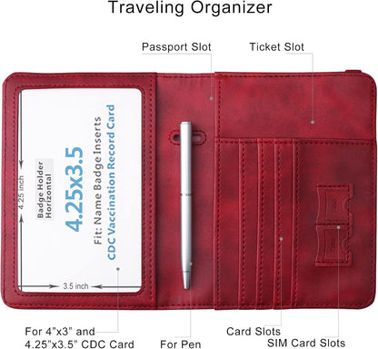 Passport Holder Wallet, RFID Blocking Passport Cover Case PU leather Card Holder with Pen and Clear Card Slot for Women Men, Red