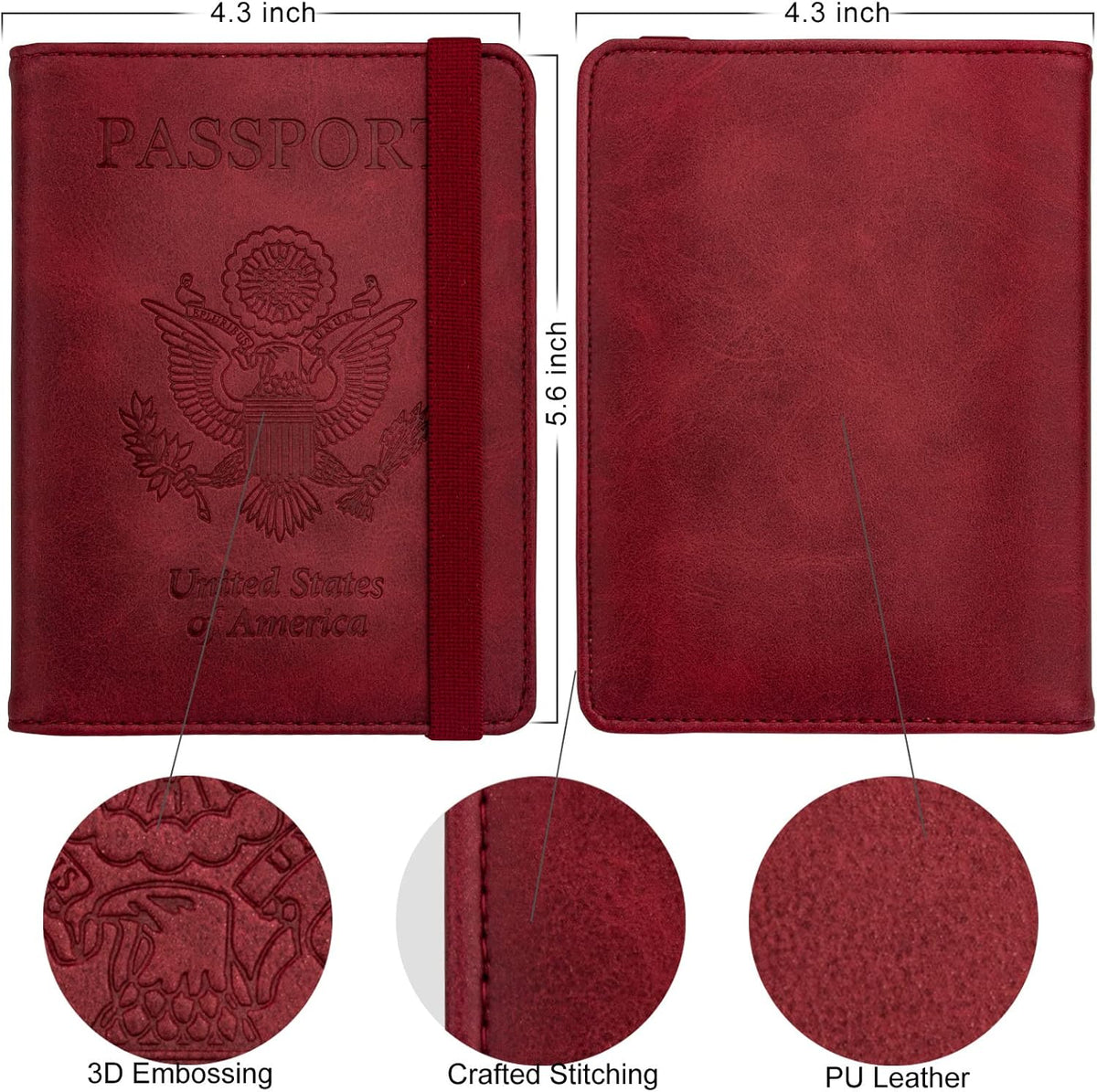 Passport Holder Wallet, RFID Blocking Passport Cover Case PU leather Card Holder with Pen and Clear Card Slot for Women Men, Red