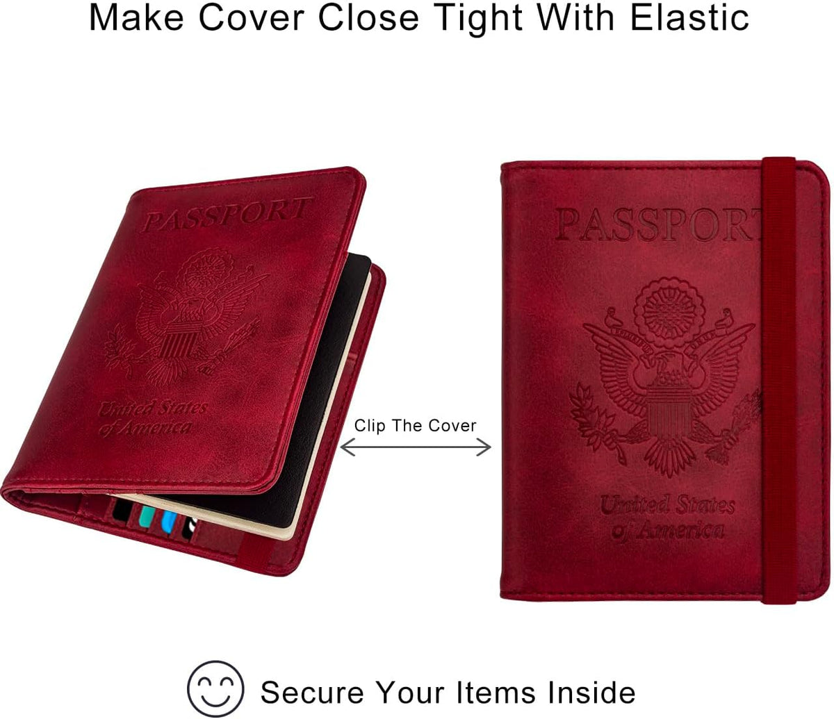 Passport Holder Wallet, RFID Blocking Passport Cover Case PU leather Card Holder with Pen and Clear Card Slot for Women Men, Red