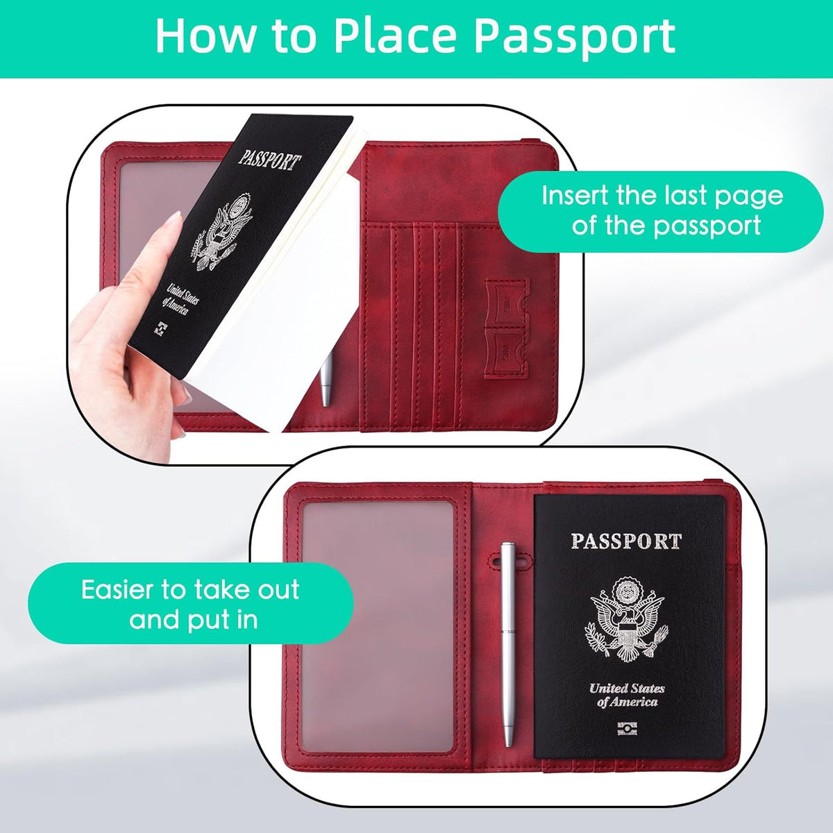 Passport Holder Wallet, RFID Blocking Passport Cover Case PU leather Card Holder with Pen and Clear Card Slot for Women Men, Red