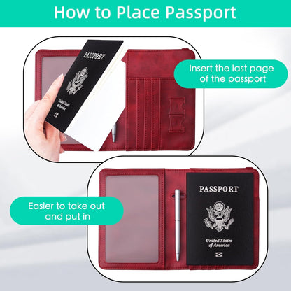 Passport Holder Wallet, RFID Blocking Passport Cover Case PU leather Card Holder with Pen and Clear Card Slot for Women Men, Red