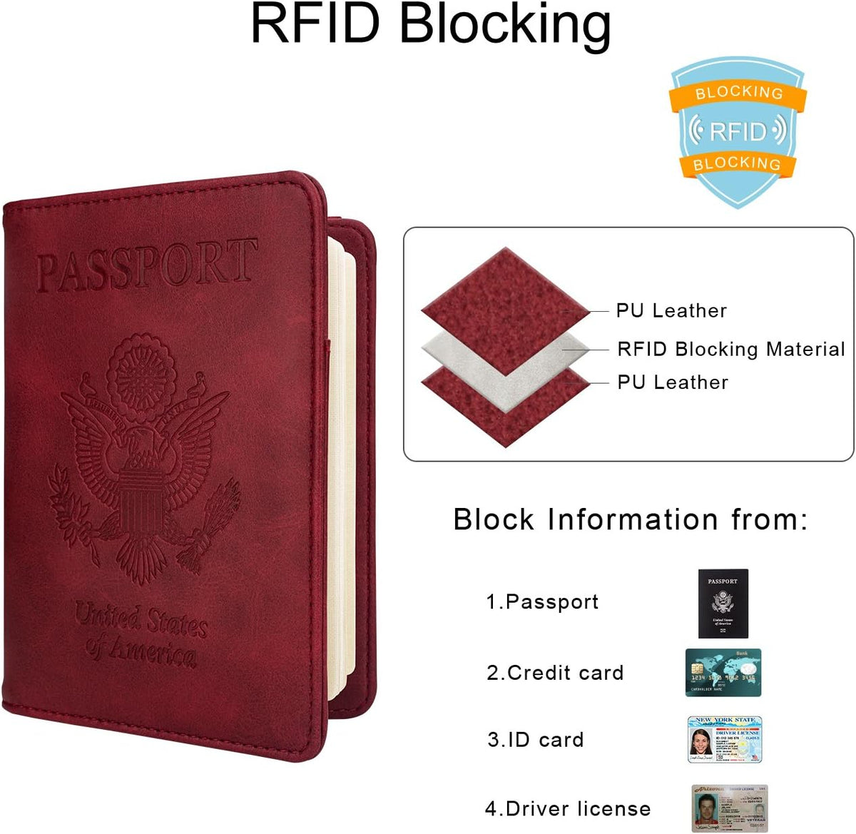 Passport Holder Wallet, RFID Blocking Passport Cover Case PU leather Card Holder with Pen and Clear Card Slot for Women Men, Red