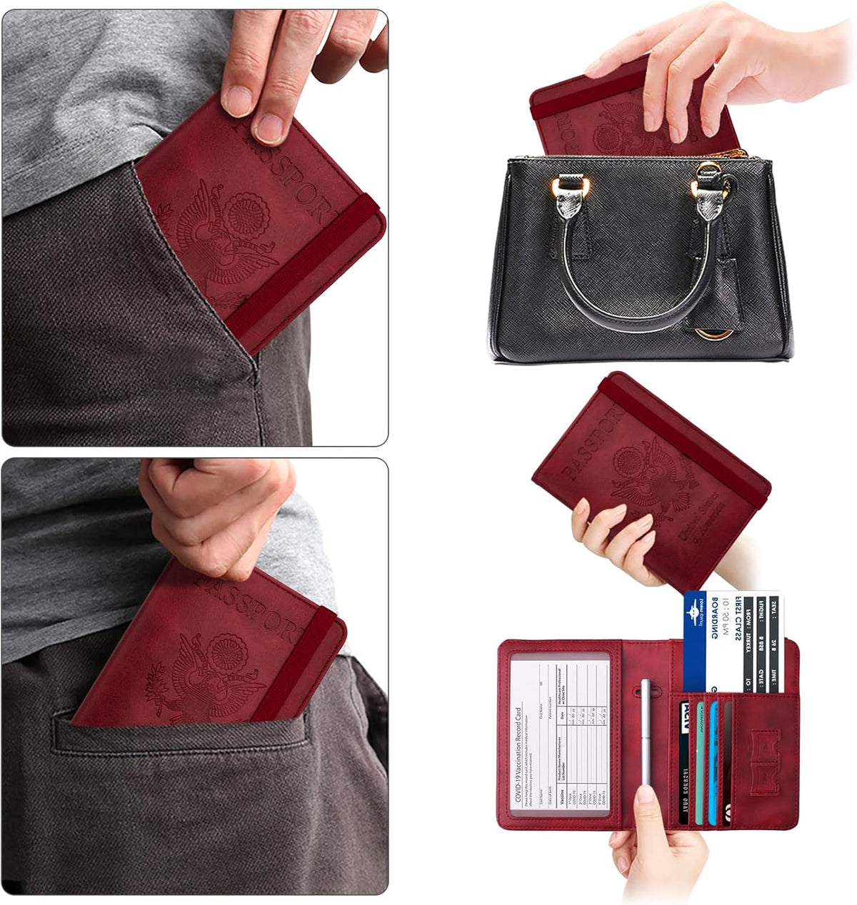 Passport Holder Wallet, RFID Blocking Passport Cover Case PU leather Card Holder with Pen and Clear Card Slot for Women Men, Red