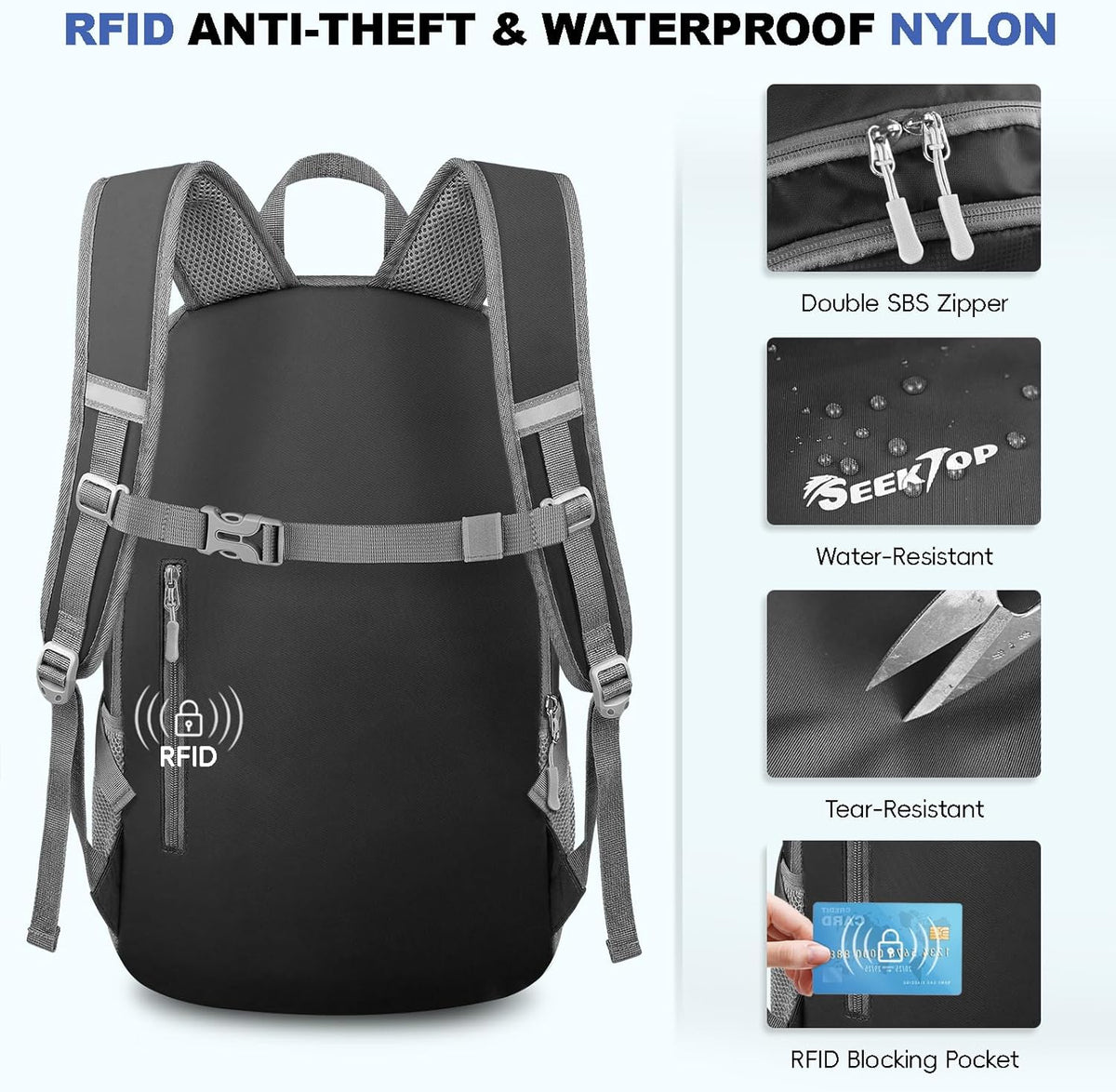Seektop Lightweight Packable Hiking Backpack Water Resistant Expandable 20L-28L for Women Men, RFID Day Pack for Travel