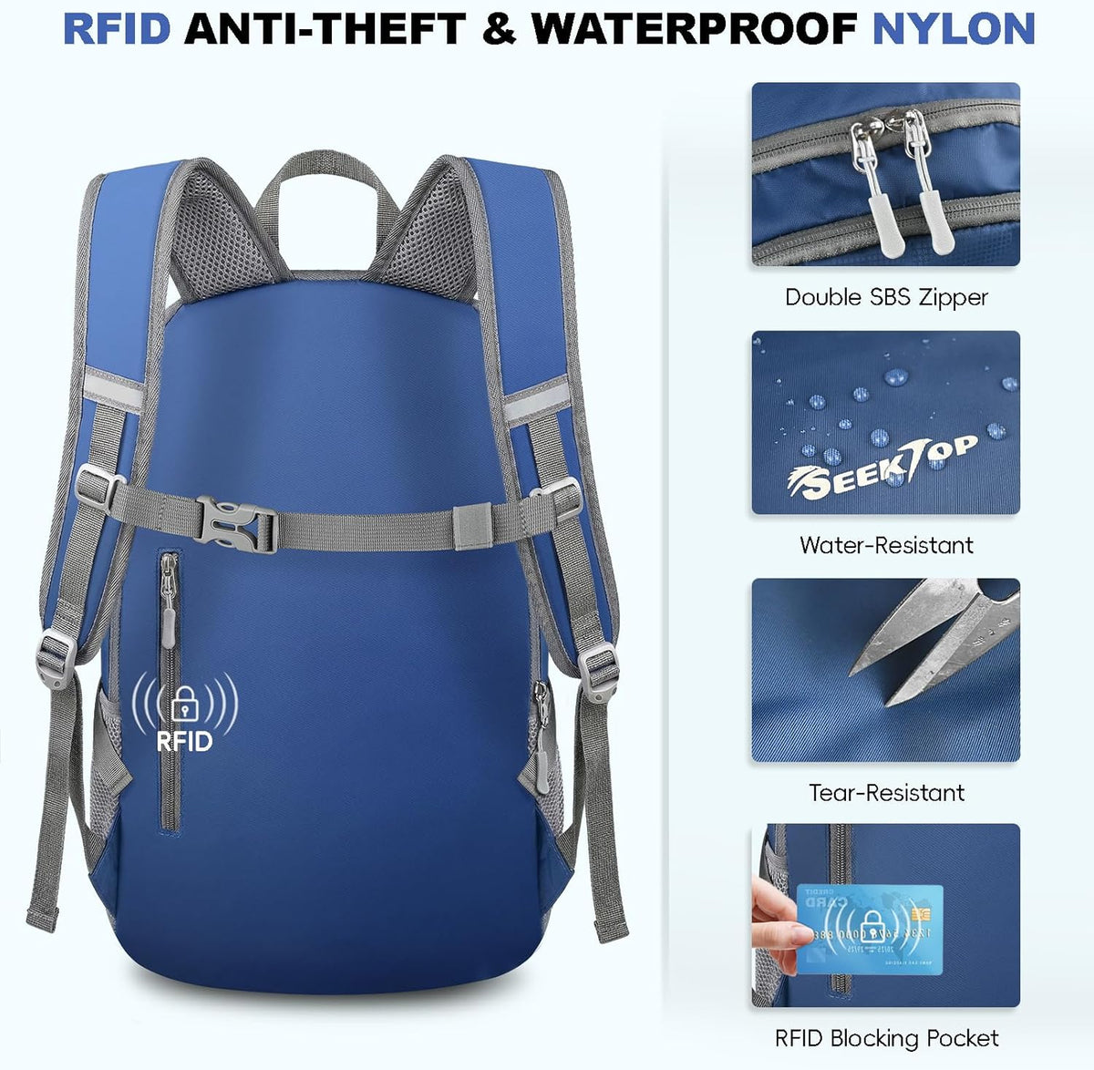 Seektop Lightweight Packable Hiking Backpack Water Resistant Expandable 20L-28L for Women Men, RFID Day Pack for Travel