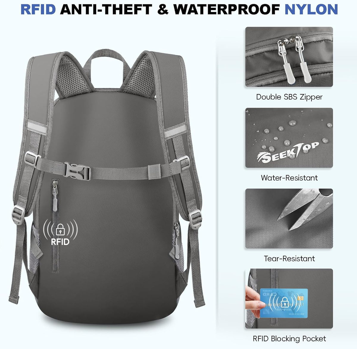 Seektop Lightweight Packable Hiking Backpack Water Resistant Expandable 20L-28L for Women Men, RFID Day Pack for Travel