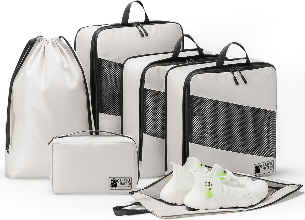 Packing Cubes for Suitcases 6 Set - Expandable Travel Packing Cubes for Luggage with Shoe Bag, Laundry Bag & Toiletry Bag - Lightweight Compression Luggage Organizer Bags for Travel (3 Sizes S/M/L)