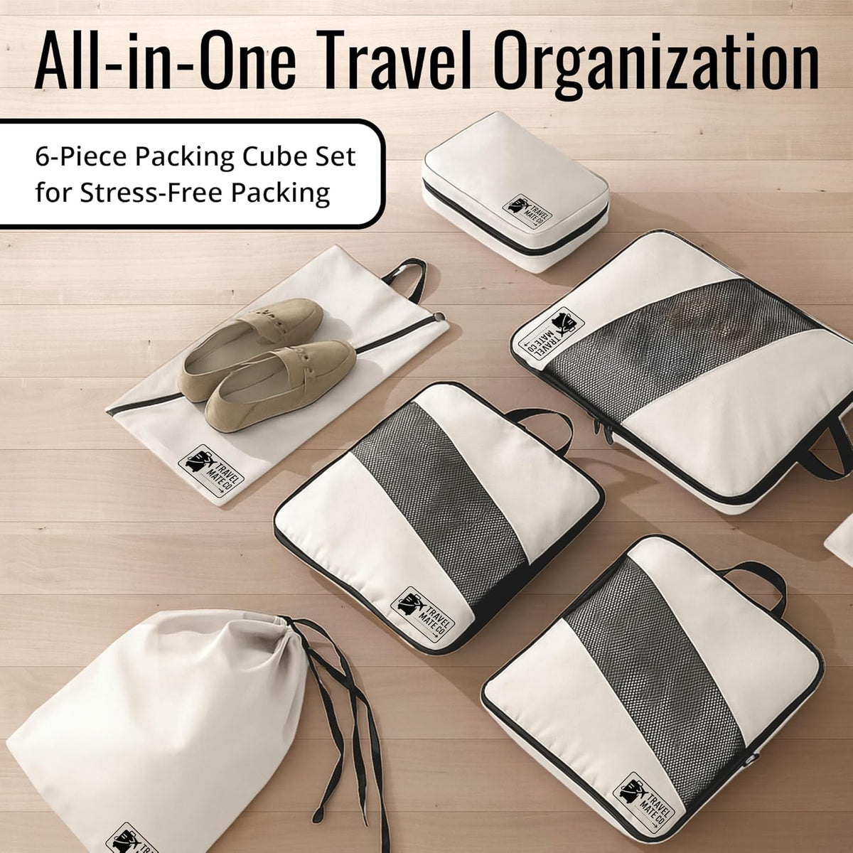Packing Cubes for Suitcases 6 Set - Expandable Travel Packing Cubes for Luggage with Shoe Bag, Laundry Bag & Toiletry Bag - Lightweight Compression Luggage Organizer Bags for Travel (3 Sizes S/M/L)