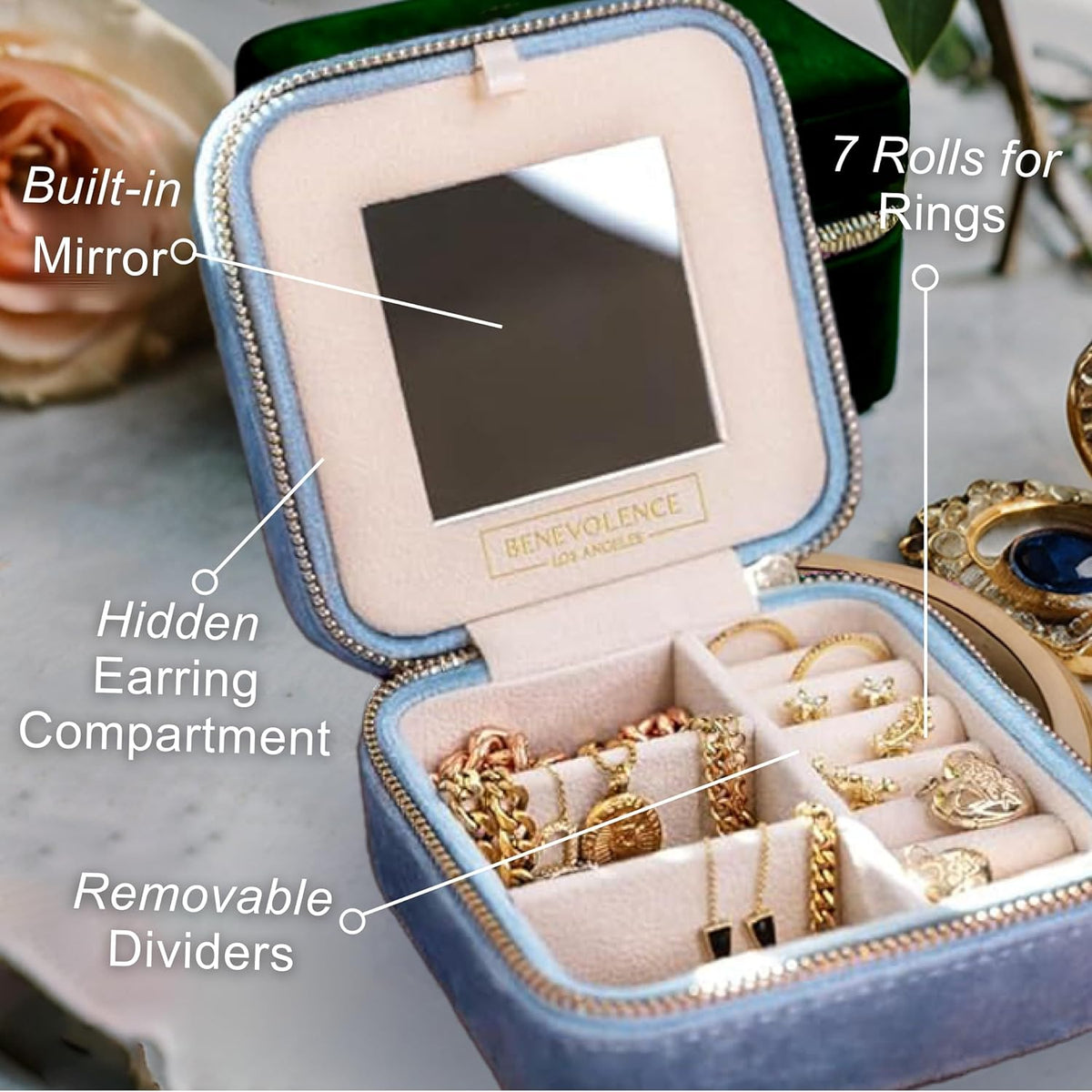 Plush Velvet Travel Jewelry Box – Featured in Oprah's Favorite Things – Jewelry Organizer Case with Mirror – Birthday Gifts for Women – Periwinkle Blue