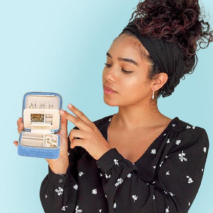 Plush Velvet Travel Jewelry Box – Featured in Oprah's Favorite Things – Jewelry Organizer Case with Mirror – Birthday Gifts for Women – Periwinkle Blue