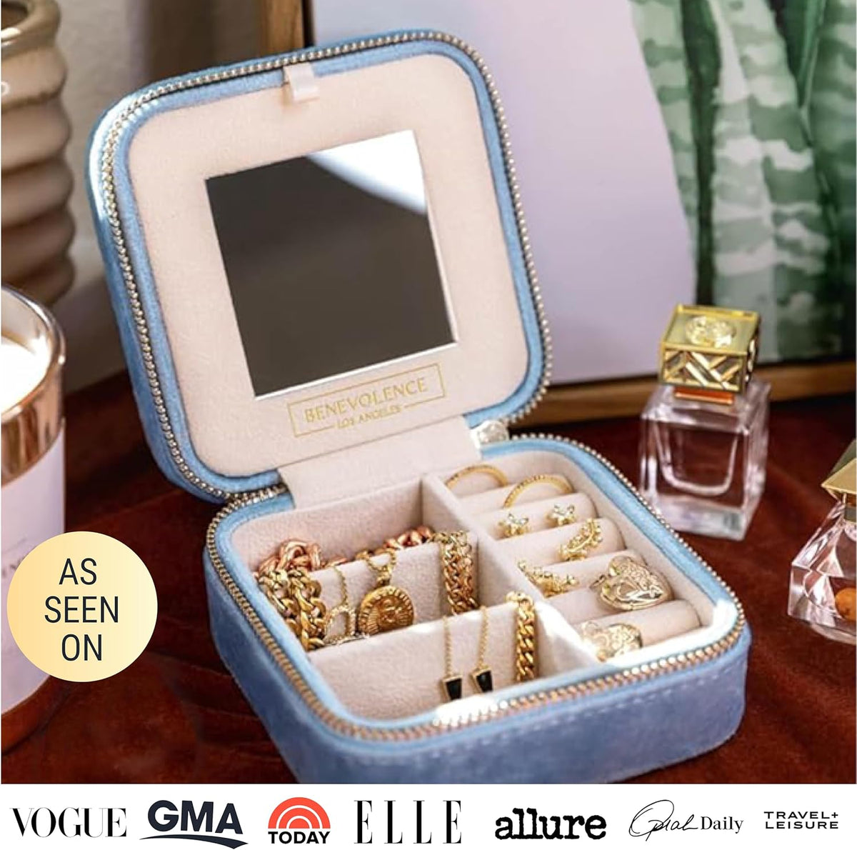 Plush Velvet Travel Jewelry Box – Featured in Oprah's Favorite Things – Jewelry Organizer Case with Mirror – Birthday Gifts for Women – Periwinkle Blue