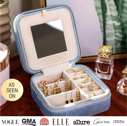 Plush Velvet Travel Jewelry Box – Featured in Oprah's Favorite Things – Jewelry Organizer Case with Mirror – Birthday Gifts for Women – Periwinkle Blue