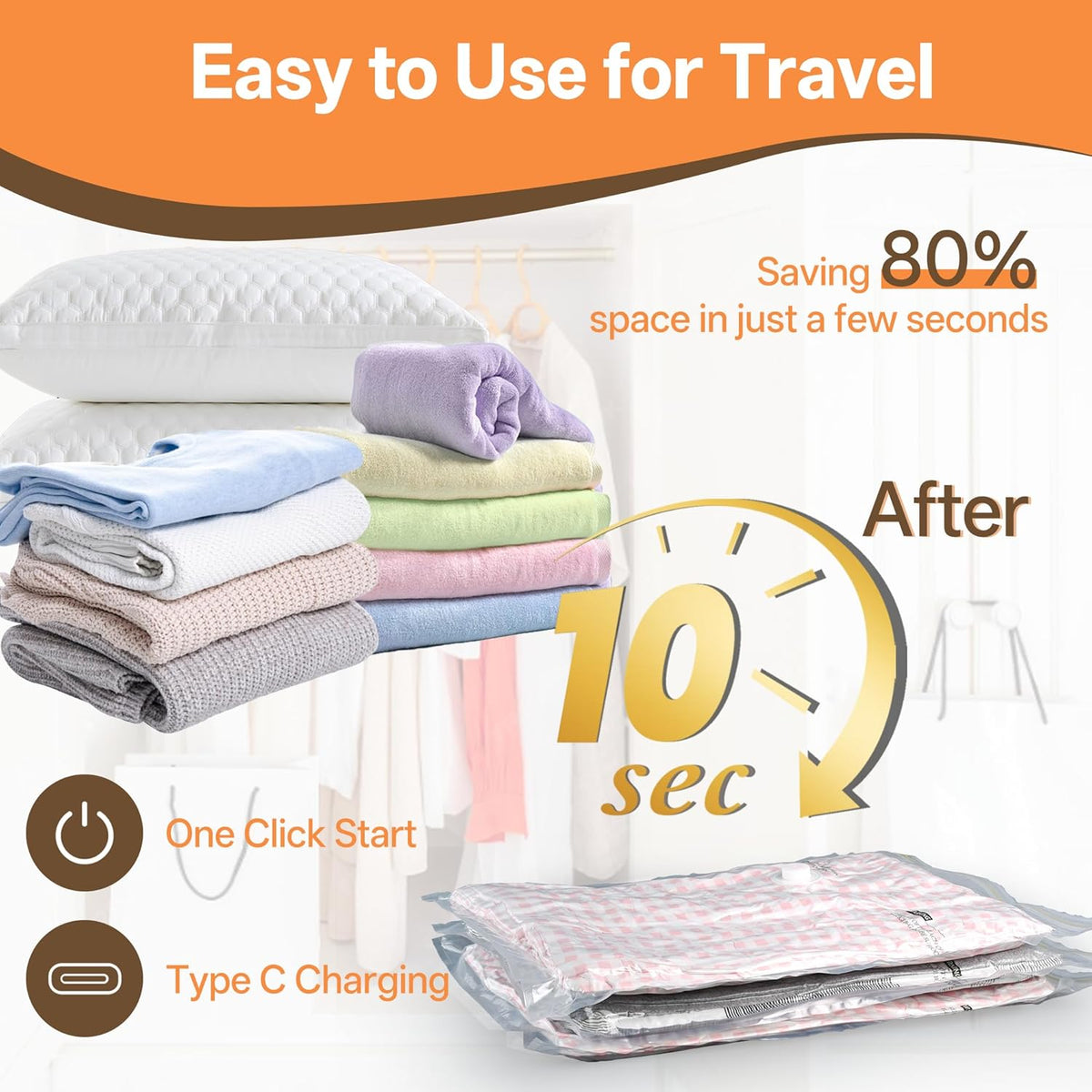 Travel Vacuum Storage Bag with Rechargeable Cordless Pump, 15 Pack Vacuum Seal Space Saver Bags for Clothing Clothes Luggage & Suitcase Compression Packing