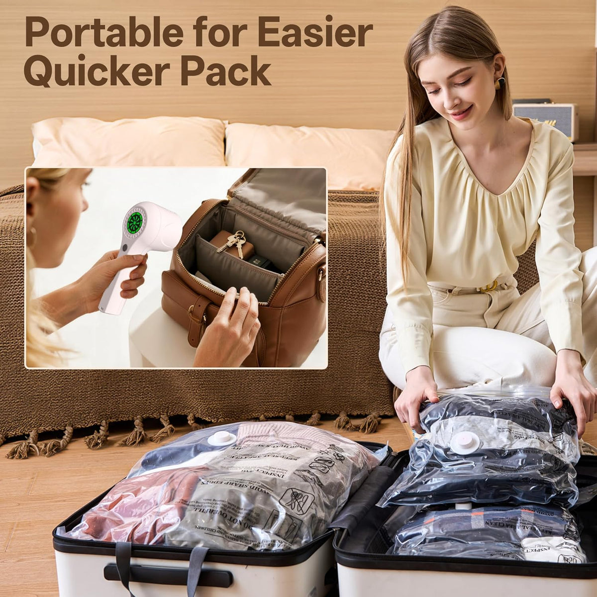 Travel Vacuum Storage Bag with Rechargeable Cordless Pump, 15 Pack Vacuum Seal Space Saver Bags for Clothing Clothes Luggage & Suitcase Compression Packing