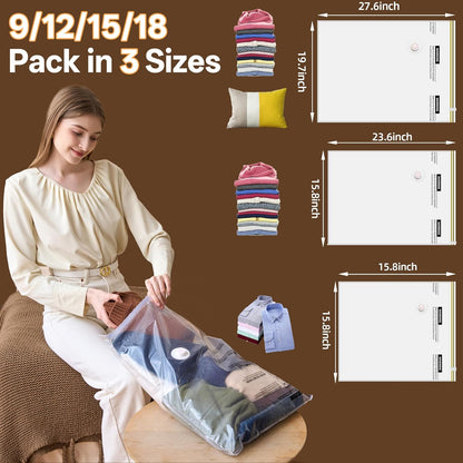 Travel Vacuum Storage Bag with Rechargeable Cordless Pump, 15 Pack Vacuum Seal Space Saver Bags for Clothing Clothes Luggage & Suitcase Compression Packing