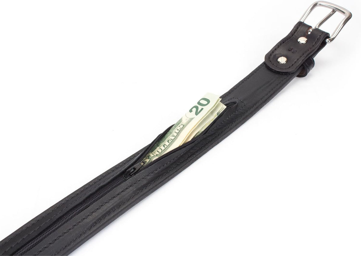 Hidden Money Pocket Travel Leather Belt (Size 38, Brown)