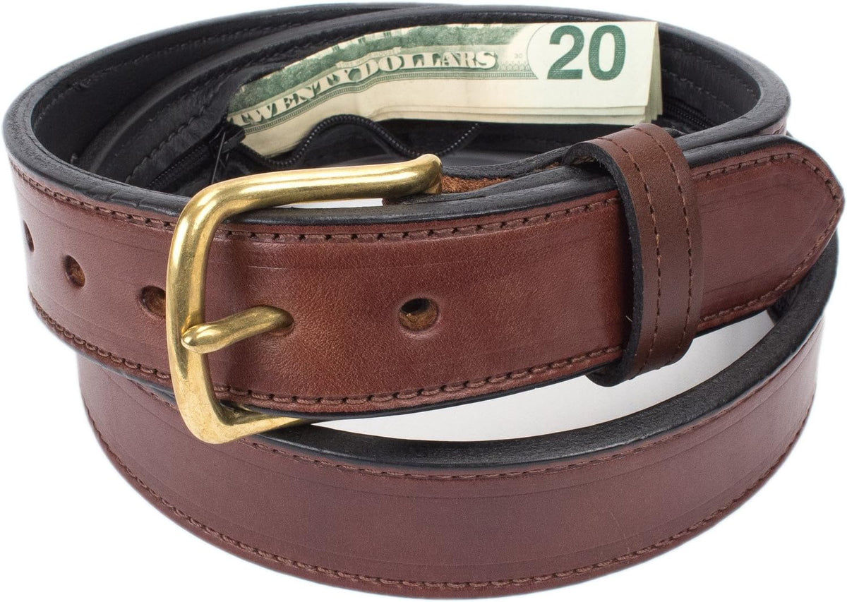 Hidden Money Pocket Travel Leather Belt (Size 38, Brown)