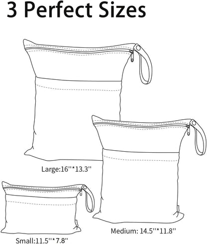 3 Packs Wet Dry Bags Waterproof Reusable with Two Pockets Travel Beach Pool Daycare Soiled Sports Items Yoga Gym Bag for Swimsuits or Wet Clothes(SxMxL) DJA36-03