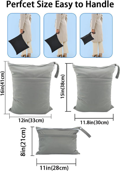 3 Packs Wet Dry Bags Waterproof Reusable with Two Pockets Travel Beach Pool Daycare Soiled Sports Items Yoga Gym Bag for Swimsuits or Wet Clothes(SxMxL) DJA36-03