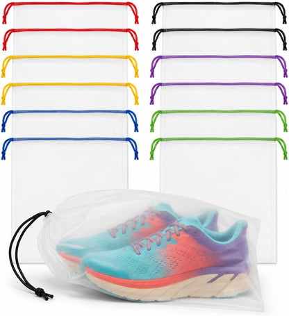 Shoe Bags for Travel, 12 Pack Clear Drawstring Organizers, Waterproof PE Plastic Pouches for Packing Shoes, Toiletries, Cosmetics, Gym Clothes, Wet Swimsuits