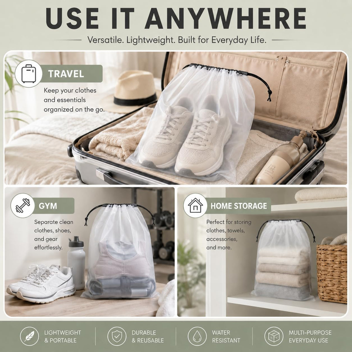 Shoe Bags for Travel, 12 Pack Clear Drawstring Organizers, Waterproof PE Plastic Pouches for Packing Shoes, Toiletries, Cosmetics, Gym Clothes, Wet Swimsuits