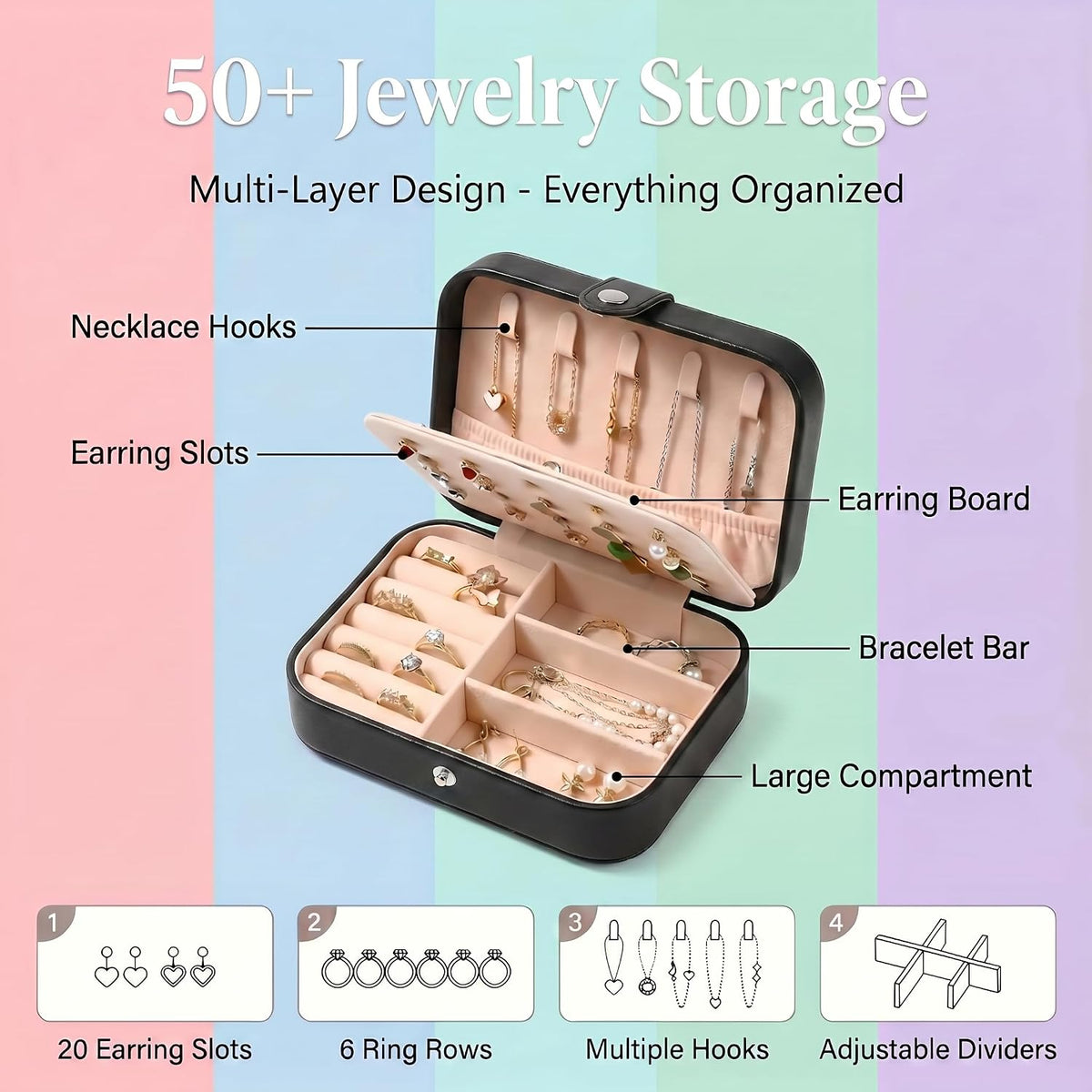Travel Jewelry Organizer Case, Portable PU Leather Jewelry Box for Rings, Earrings, Necklaces, Bracelets, Double Layer Jewelry Storage Holder for Women Girls, Travel Accessories for Women (Pink)