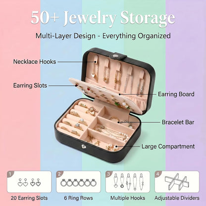 Travel Jewelry Organizer Case, Portable PU Leather Jewelry Box for Rings, Earrings, Necklaces, Bracelets, Double Layer Jewelry Storage Holder for Women Girls, Travel Accessories for Women (Pink)