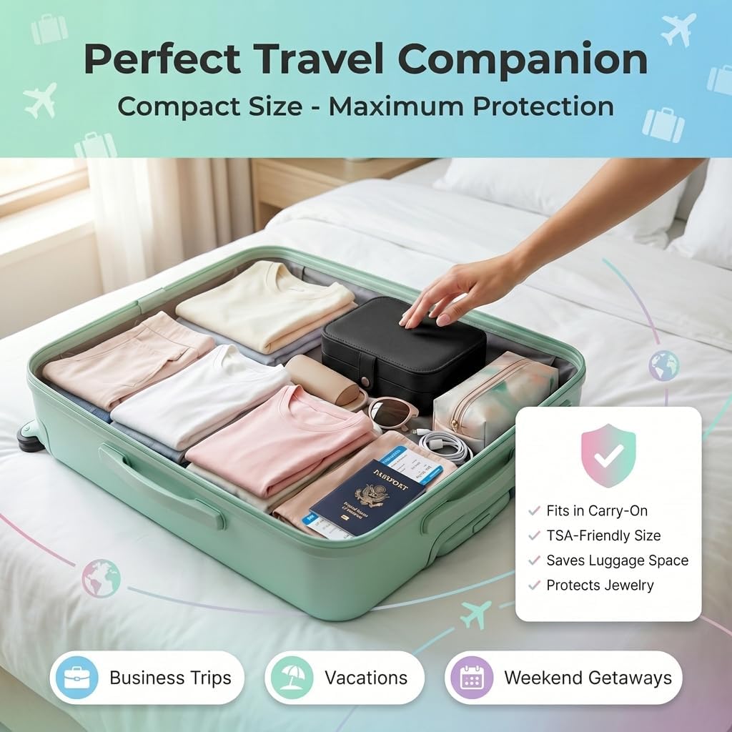 Travel Jewelry Organizer Case, Portable PU Leather Jewelry Box for Rings, Earrings, Necklaces, Bracelets, Double Layer Jewelry Storage Holder for Women Girls, Travel Accessories for Women (Pink)