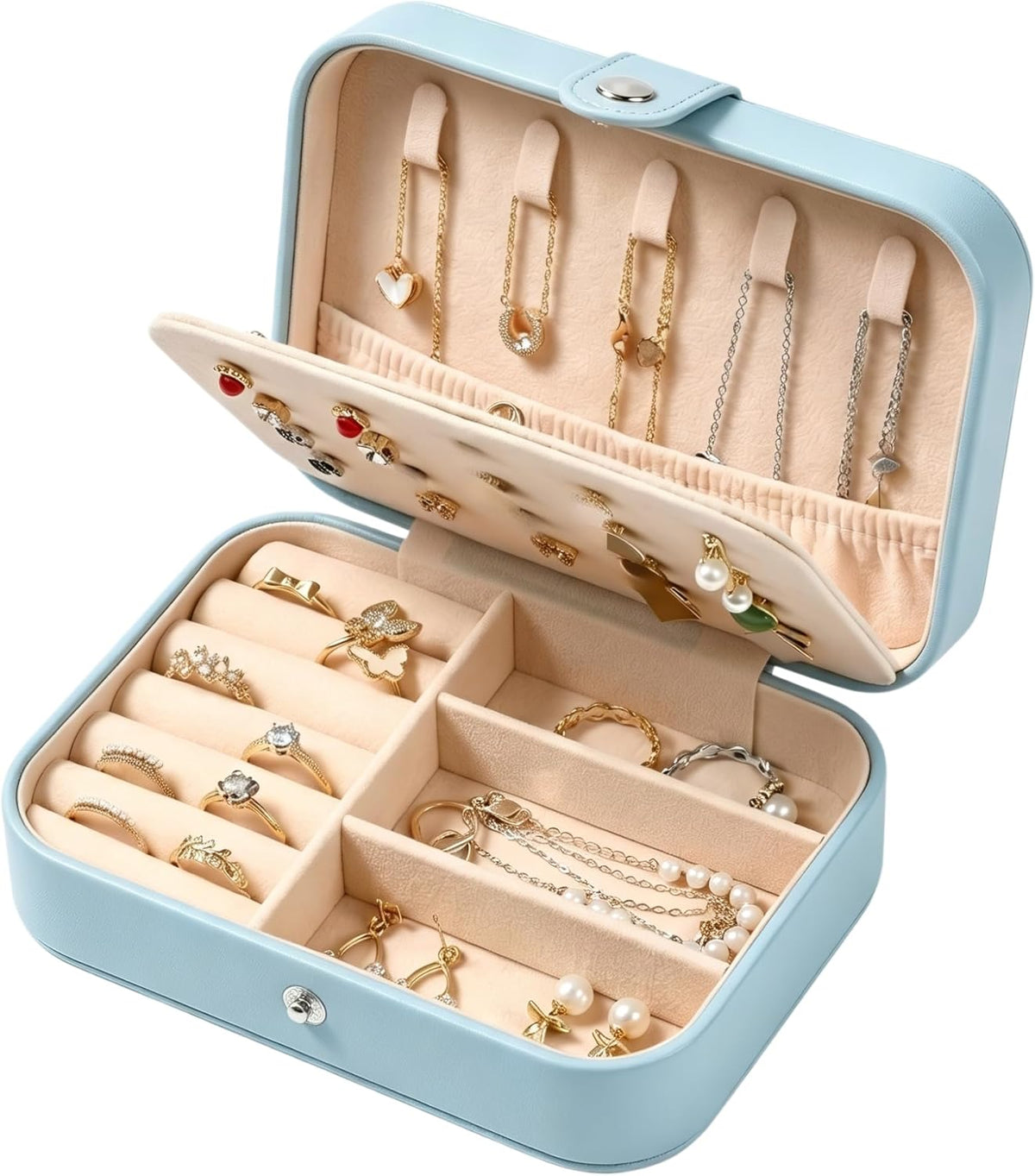 Travel Jewelry Organizer Case, Portable PU Leather Jewelry Box for Rings, Earrings, Necklaces, Bracelets, Double Layer Jewelry Storage Holder for Women Girls, Travel Accessories for Women (Pink)