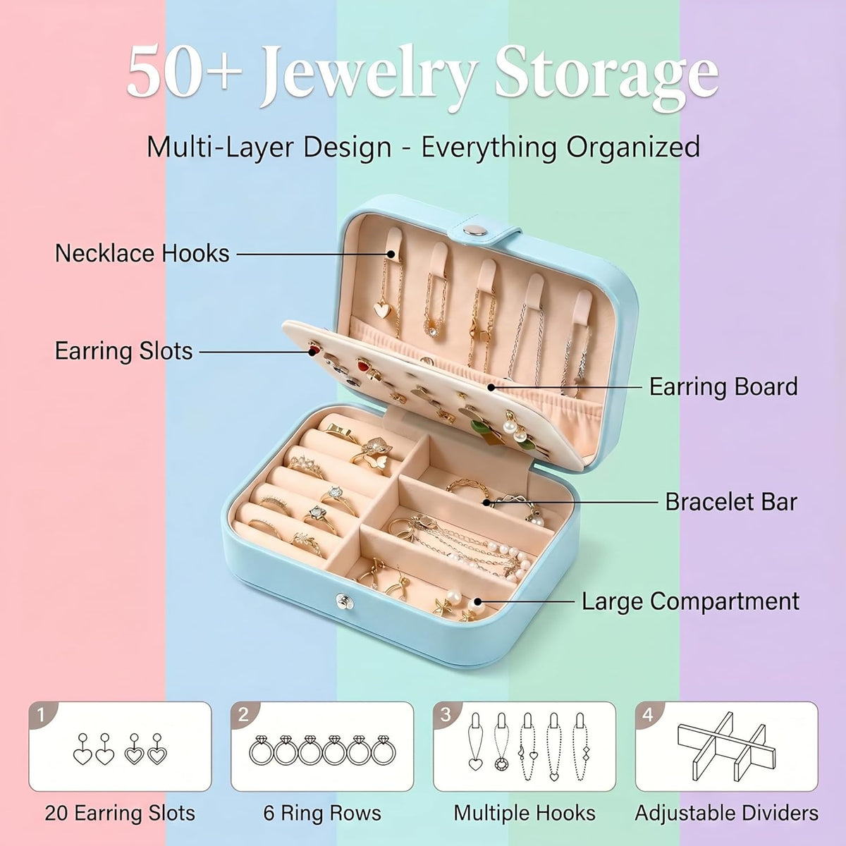 Travel Jewelry Organizer Case, Portable PU Leather Jewelry Box for Rings, Earrings, Necklaces, Bracelets, Double Layer Jewelry Storage Holder for Women Girls, Travel Accessories for Women (Pink)