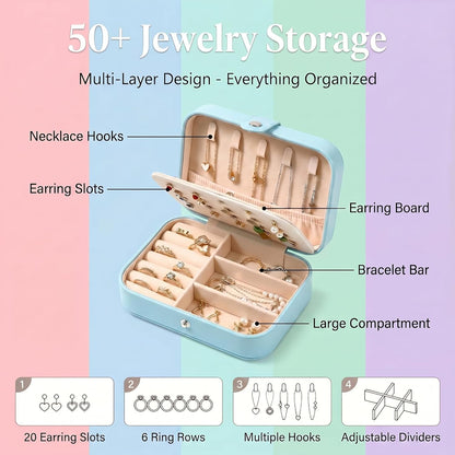 Travel Jewelry Organizer Case, Portable PU Leather Jewelry Box for Rings, Earrings, Necklaces, Bracelets, Double Layer Jewelry Storage Holder for Women Girls, Travel Accessories for Women (Pink)