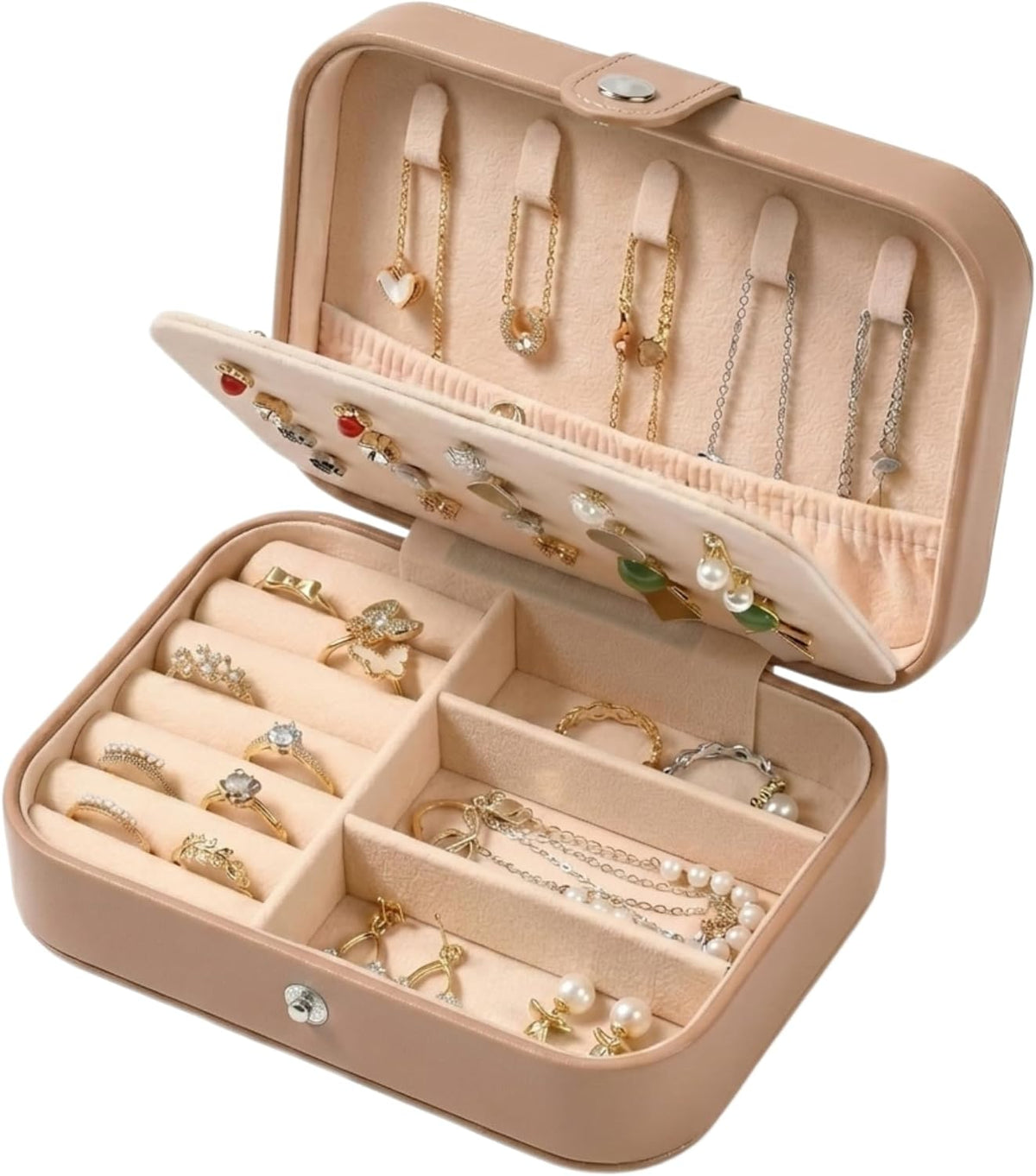 Travel Jewelry Organizer Case, Portable PU Leather Jewelry Box for Rings, Earrings, Necklaces, Bracelets, Double Layer Jewelry Storage Holder for Women Girls, Travel Accessories for Women (Pink)