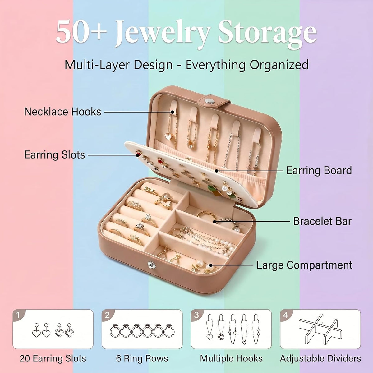 Travel Jewelry Organizer Case, Portable PU Leather Jewelry Box for Rings, Earrings, Necklaces, Bracelets, Double Layer Jewelry Storage Holder for Women Girls, Travel Accessories for Women (Pink)