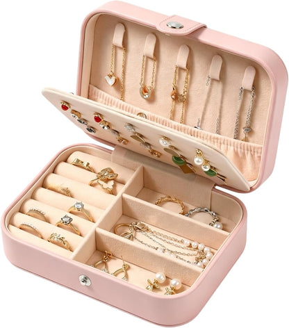 Travel Jewelry Organizer Case, Portable PU Leather Jewelry Box for Rings, Earrings, Necklaces, Bracelets, Double Layer Jewelry Storage Holder for Women Girls, Travel Accessories for Women (Pink)