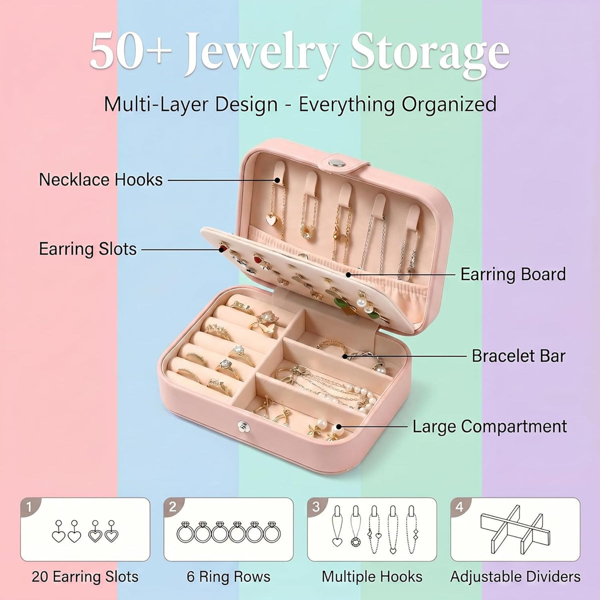 Travel Jewelry Organizer Case, Portable PU Leather Jewelry Box for Rings, Earrings, Necklaces, Bracelets, Double Layer Jewelry Storage Holder for Women Girls, Travel Accessories for Women (Pink)