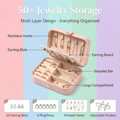 Travel Jewelry Organizer Case, Portable PU Leather Jewelry Box for Rings, Earrings, Necklaces, Bracelets, Double Layer Jewelry Storage Holder for Women Girls, Travel Accessories for Women (Pink)