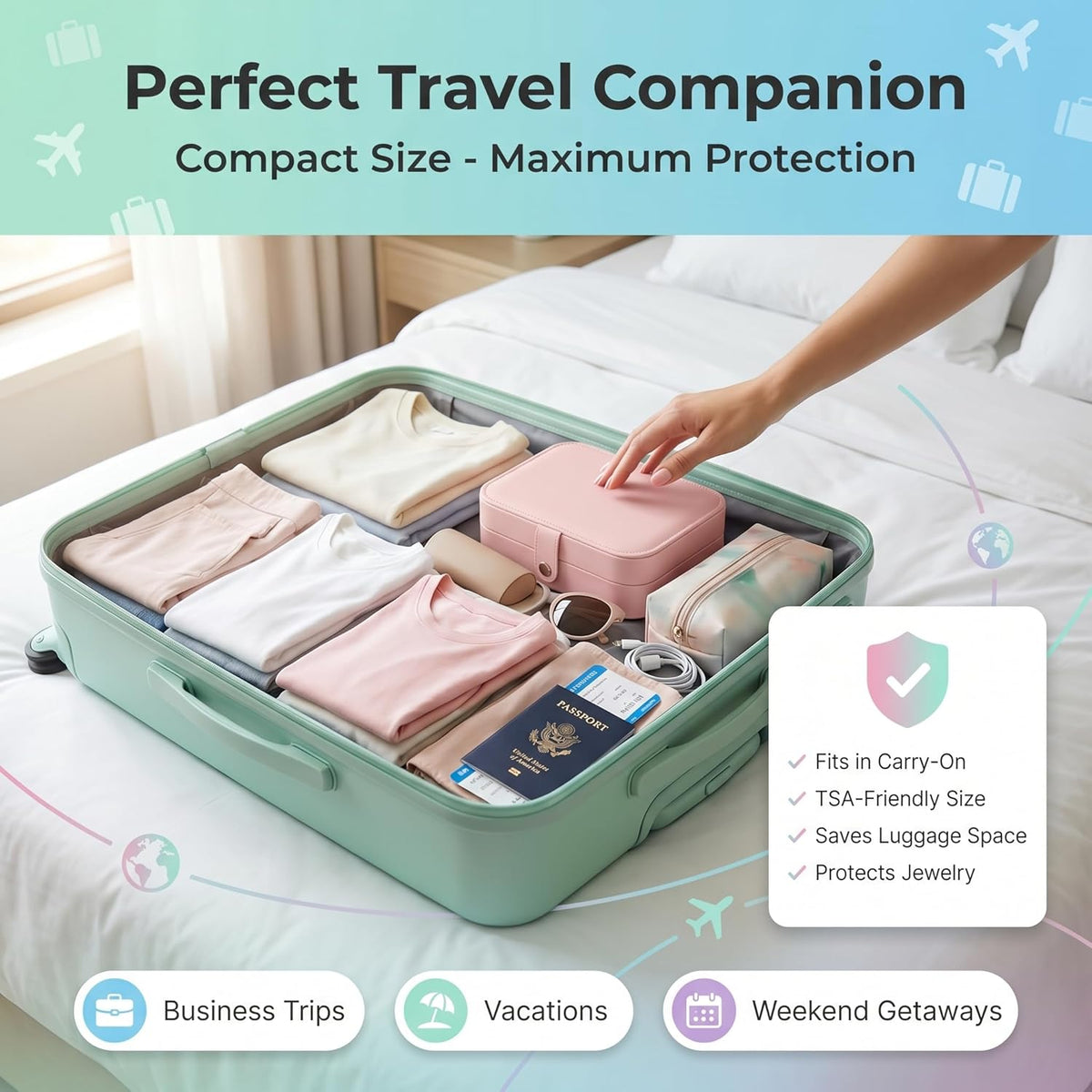 Travel Jewelry Organizer Case, Portable PU Leather Jewelry Box for Rings, Earrings, Necklaces, Bracelets, Double Layer Jewelry Storage Holder for Women Girls, Travel Accessories for Women (Pink)